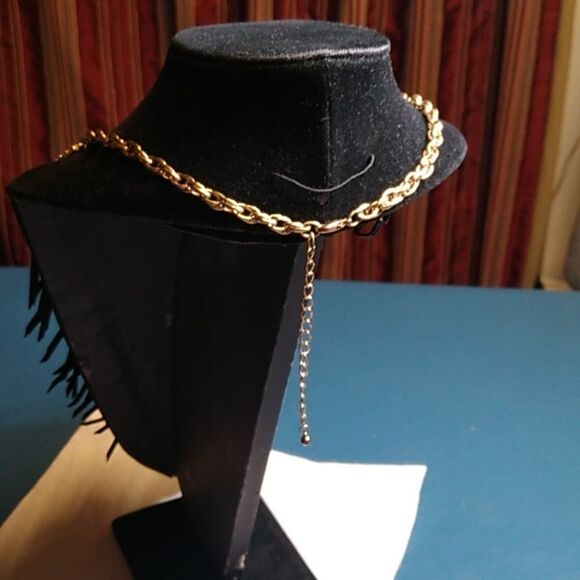 Bohemian Gold and Black Fringe Necklace Three Cabochons circled Rhinestones - Picture 3 of 8